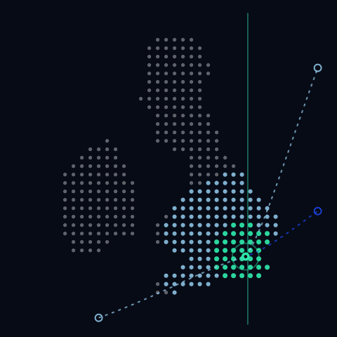 Animated dotted map of the British Isles with signals radiating from London